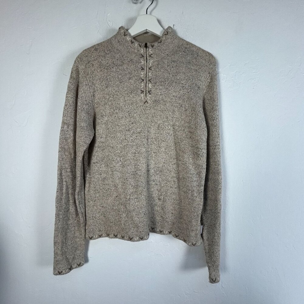 Woolrich Womens British Tan Knit 1/4 Zip Pullover Sweatshirt Small Wool Ramie